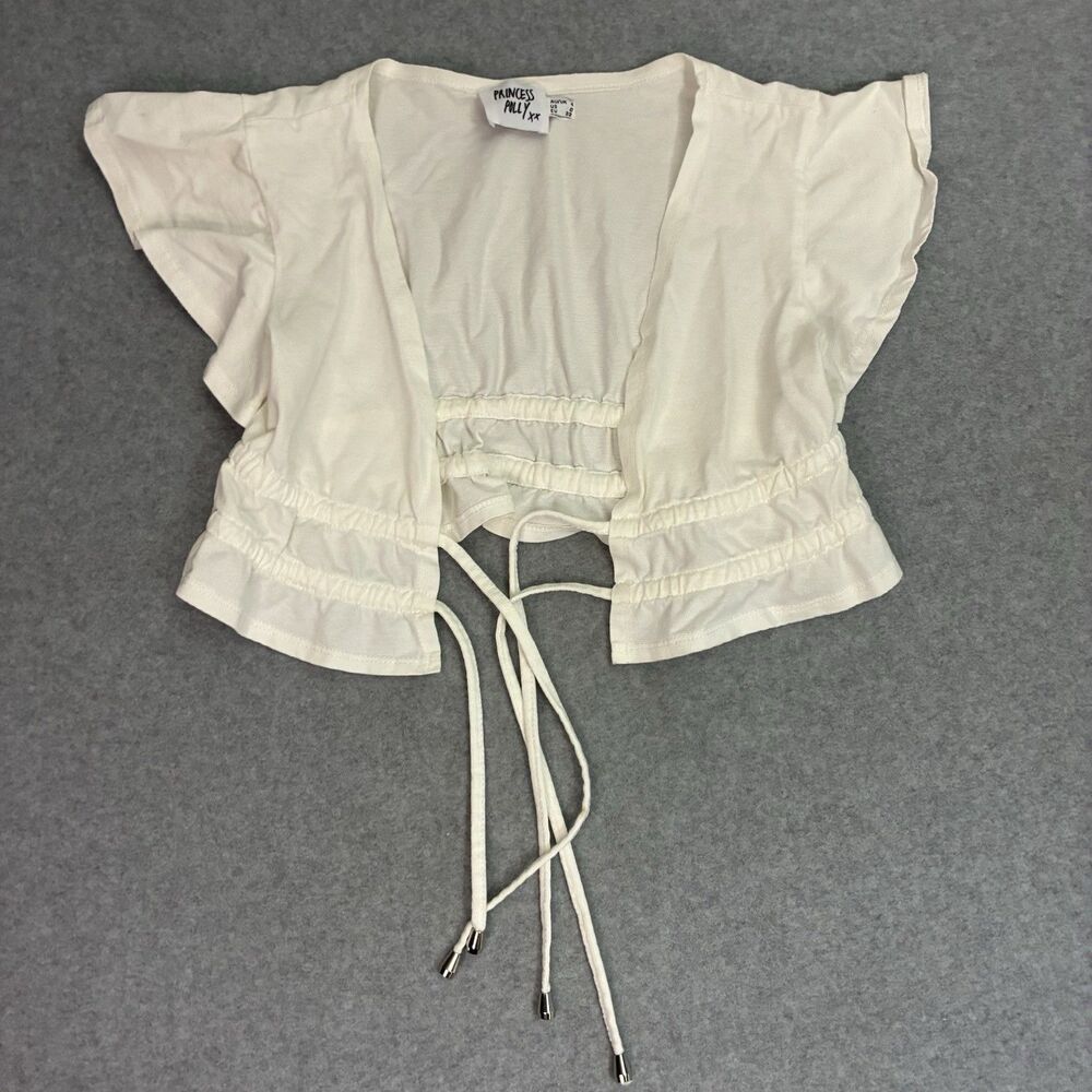 Women’s Princess Polly White Tie Front Crop Top Size 0 Flutter Sleeve Y2K
